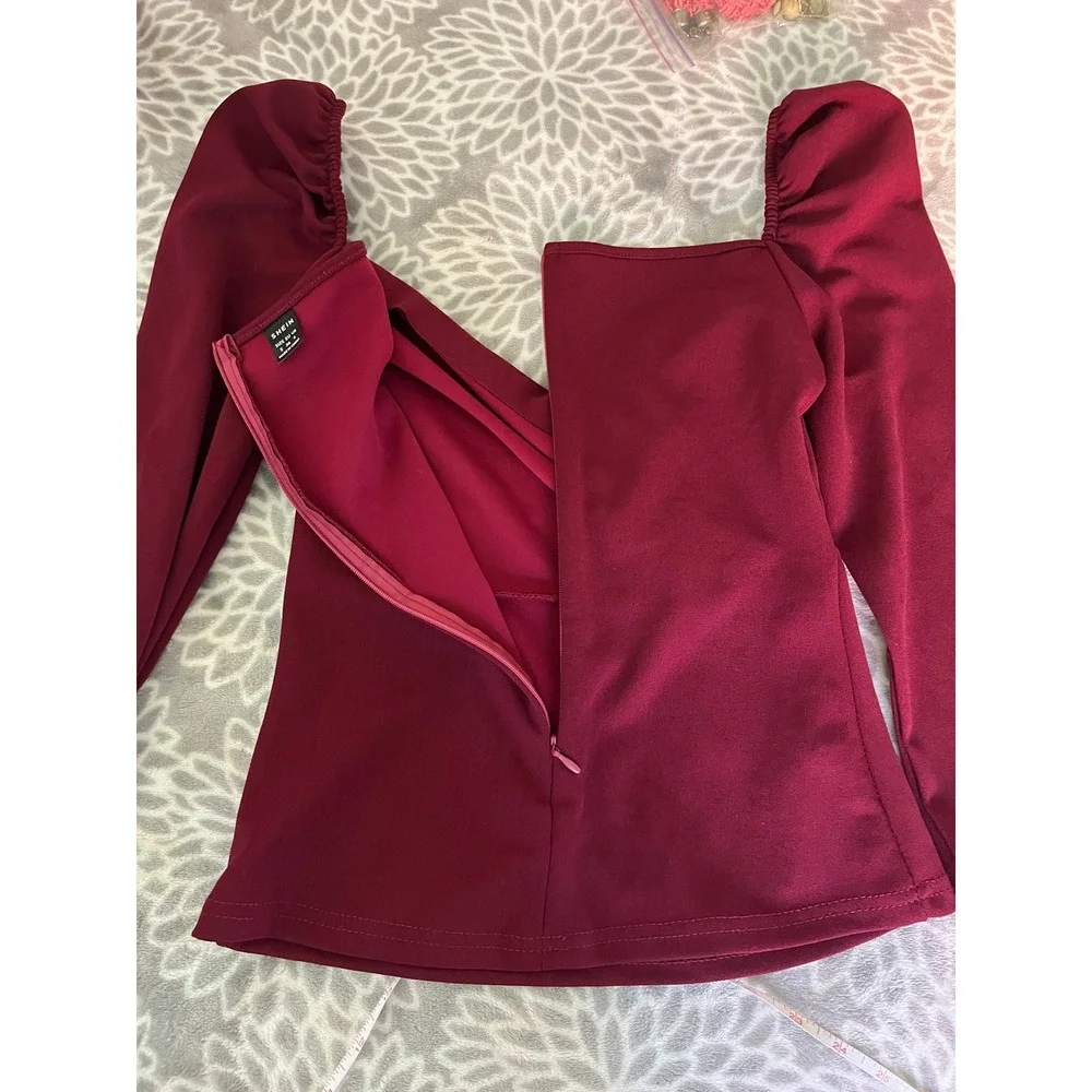 Long Sleeve Puff Shoulder Blouse Small Sweetheart Neck Vamp Wine Red Romantic - Picture 5 of 8